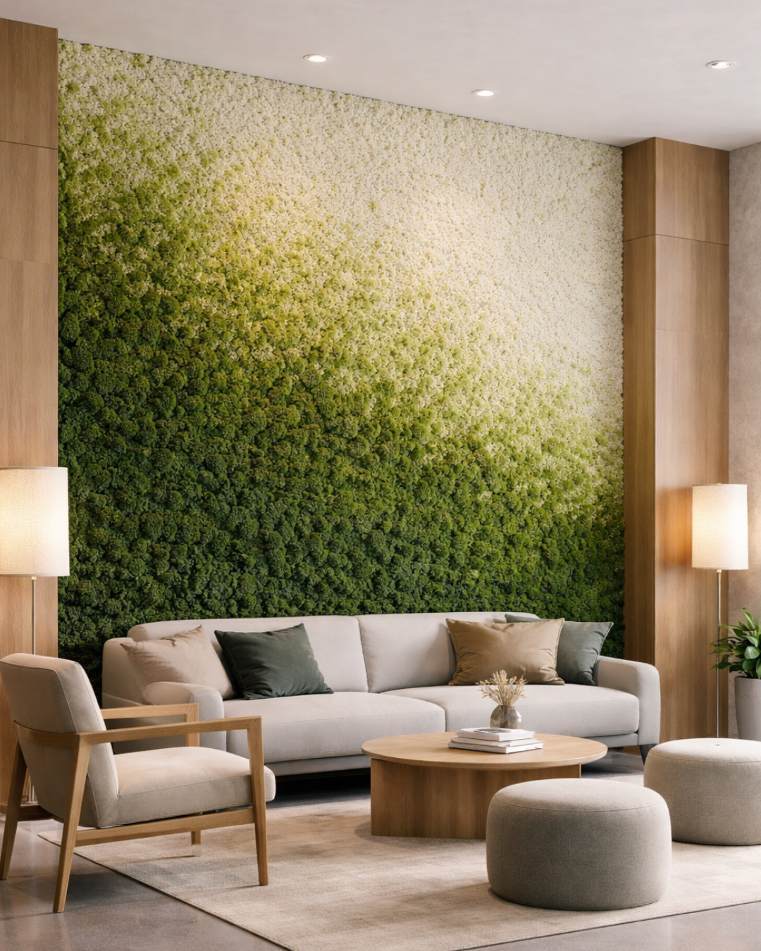 Modern living room with a moss wall that gradually transition colors from green to white and furniture | Fleur Reverie