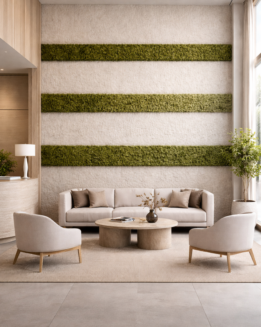 Modern living room with a decorative moss wall in lines feature and furniture | Fleur Reverie