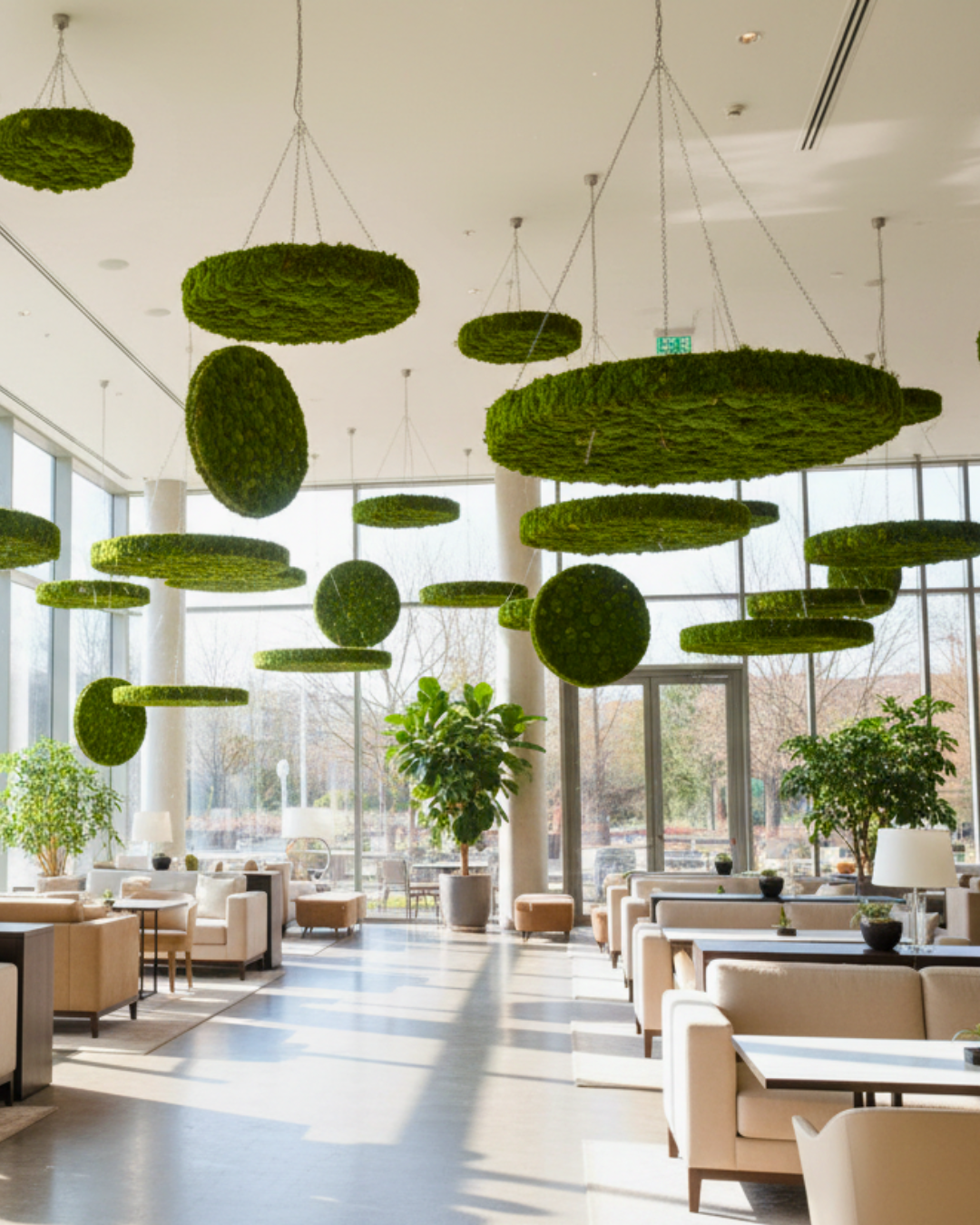Modern interior with hanging green preserved moss systems for a commercial space and large windows.| Fleur Reverie