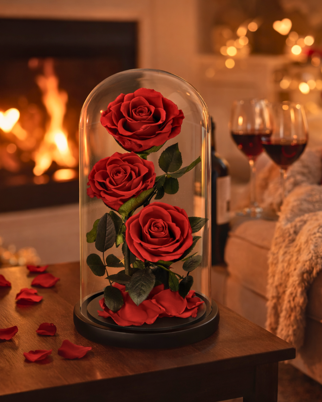 Three red preserved roses under a glass dome on a wooden table with a warm background | Fleur Reverie