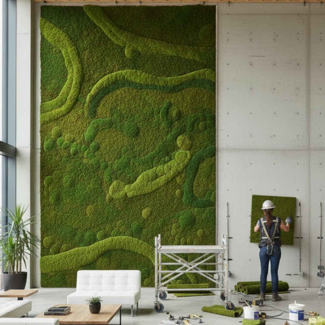 Moss wall installation in a modern indoor setting with a person working on it | Fleur Reverie