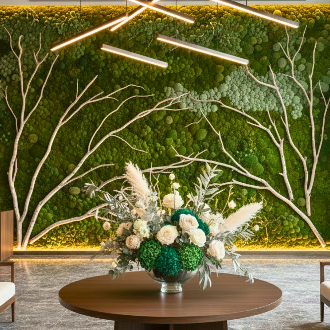 Decorative preserved floral arrangement on a table in front of a living preserved moss wall with greenery and branches.