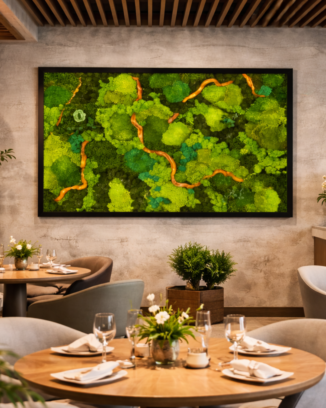 Living preserved moss wall art in a Dining area | Fleur Reverie | Austin TX
