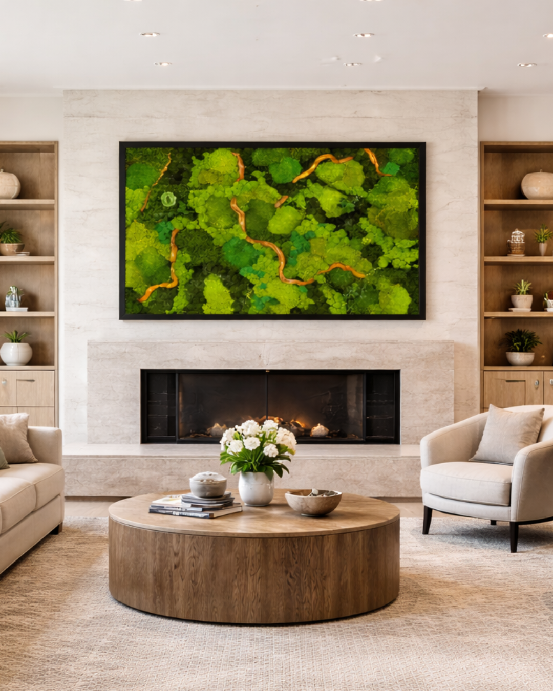 preserved moss wall in a Modern living room with a fireplace, round wooden coffee table | Fleur Reverie | Austin TX
