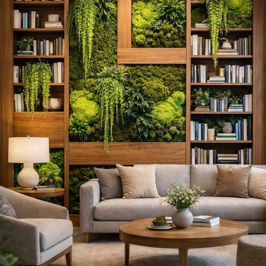 hotel corner room with bookshelves, green preserved moss wall, and a sofa | Fleur Reverie