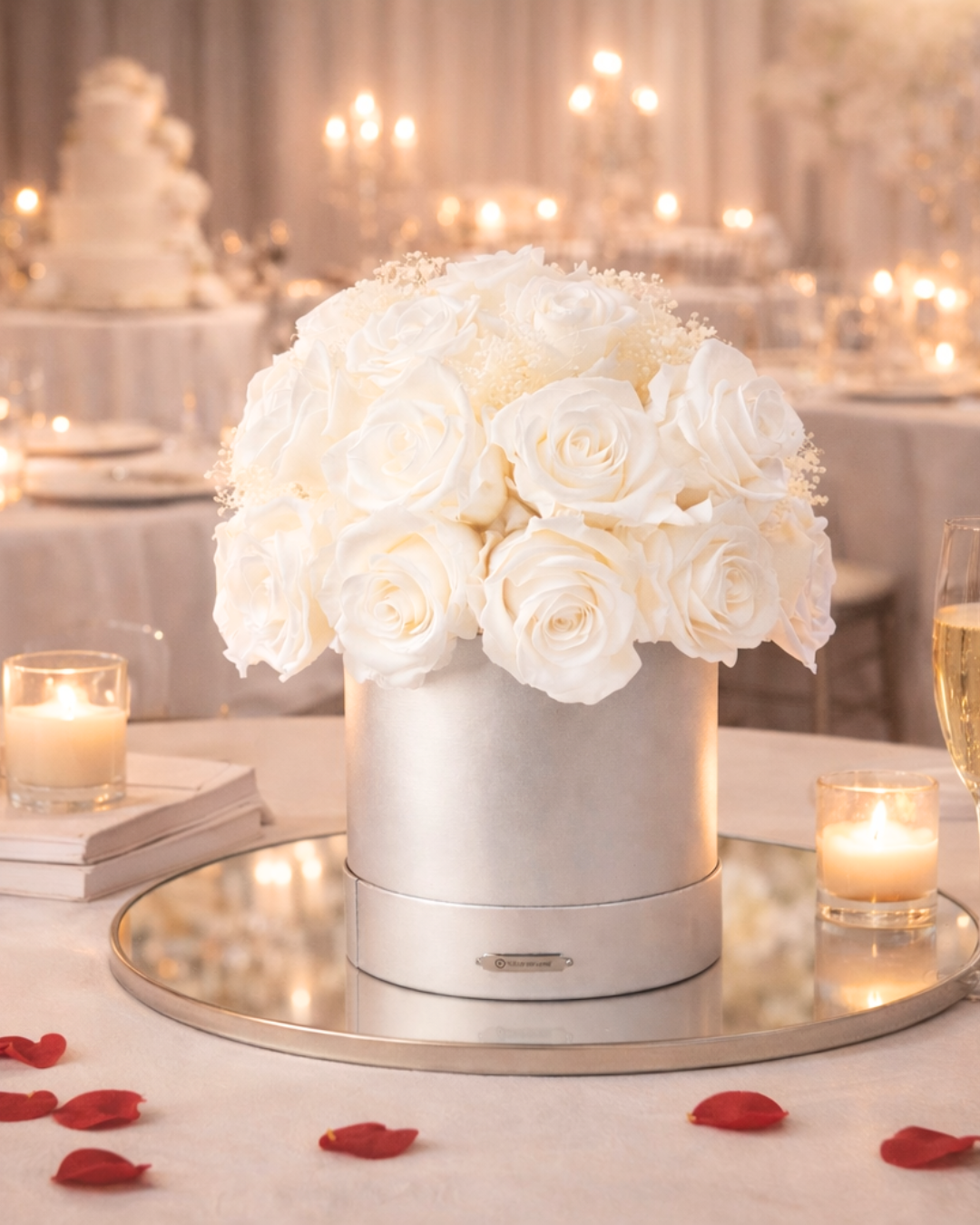White roses dried flower arrangement in a silver container on a table with candles and rose petals | Fleur Reverie