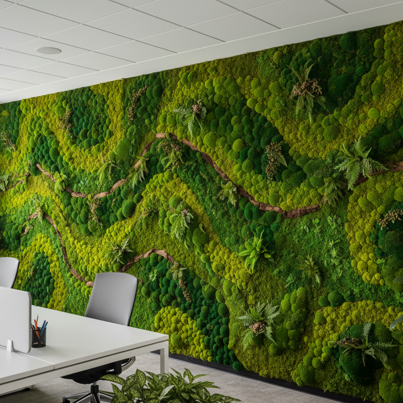 a vibrant moss art decorated in a large office wall