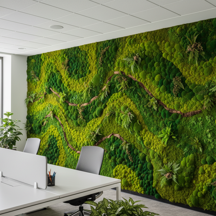 a vibrant moss wall art decorated in a large office wall | Fleur Reverie