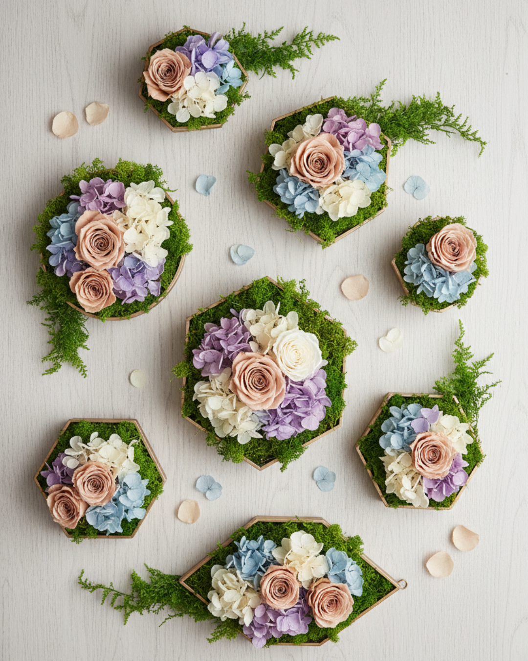 gift boxes in preserved flower arrangements with pastel flowers on a light background | Fleur Reverie | Austin TX