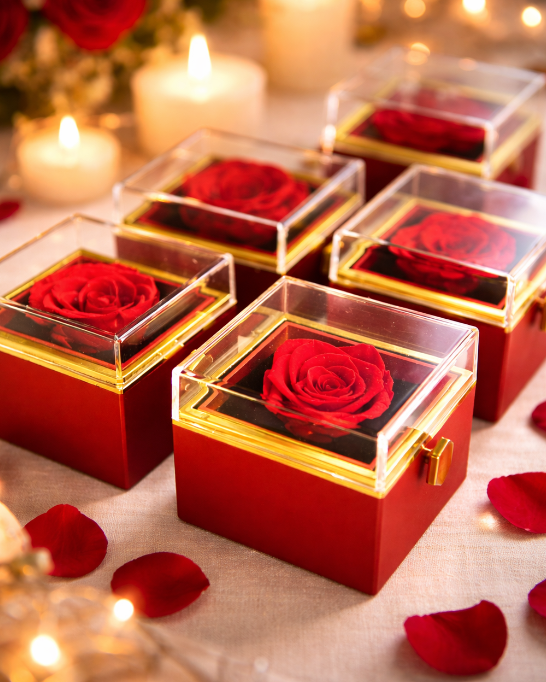 Red forever roses in transparent boxes with gold accents on a romantic setting with candles and rose petals | Fleur Reverie
