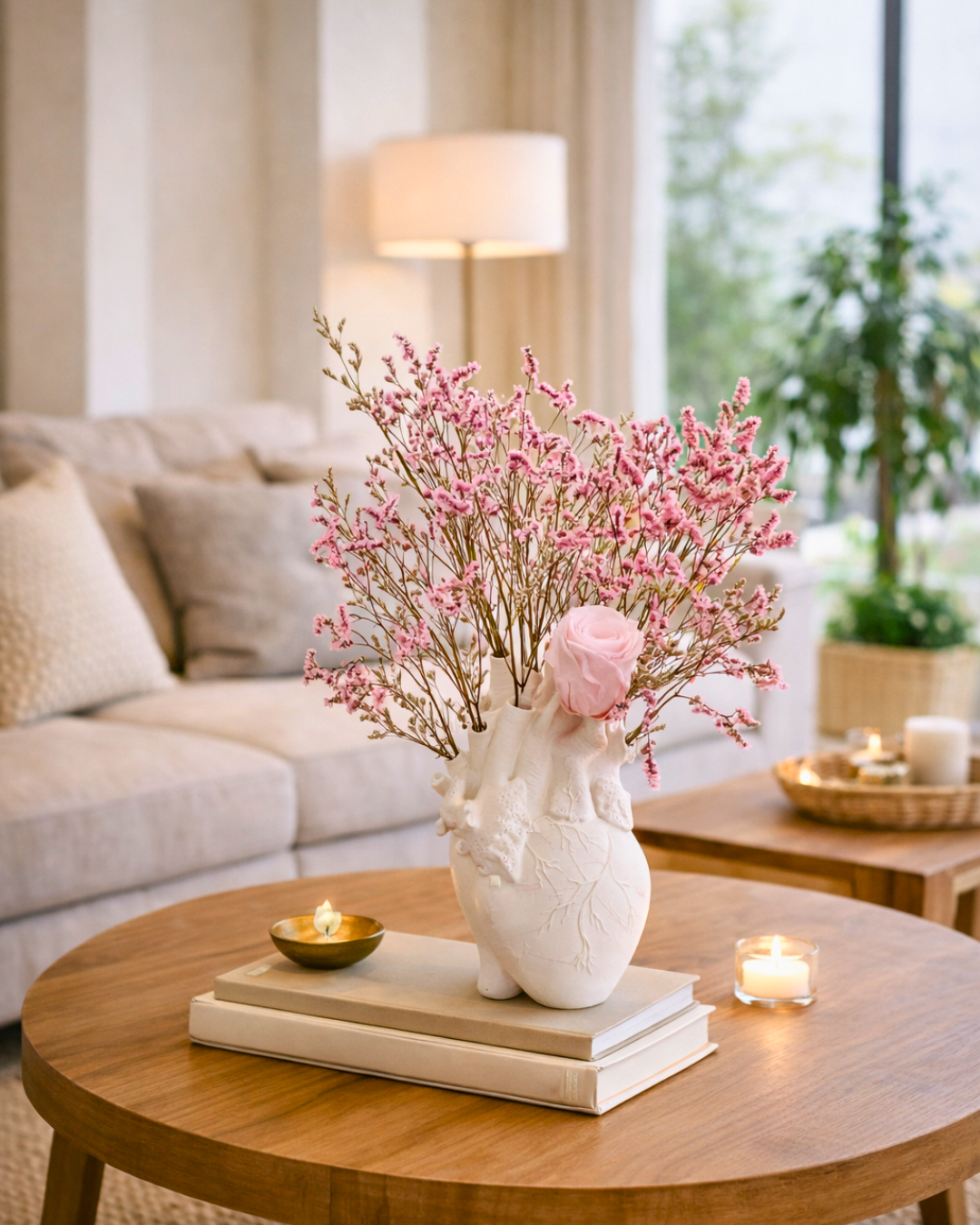 Decorative vase with pink dried flower branches on a wooden coffee table in a living room | Fleur Reverie | Austin TX