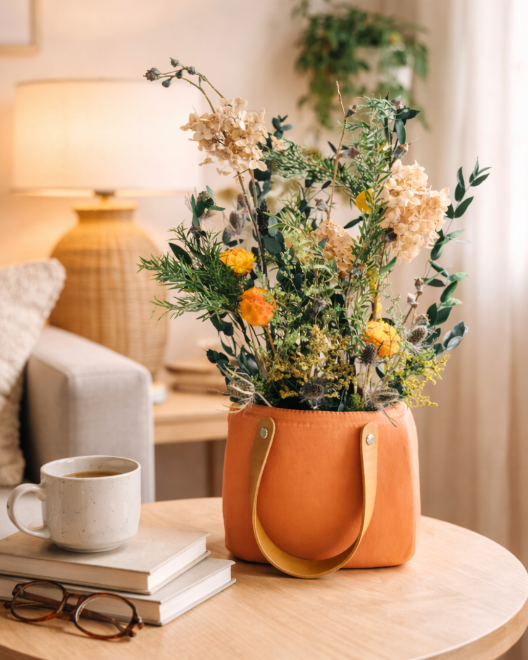 Preserved Floral arrangement in a leather handle bag on a table with a cup and books in a cozy living room.|Fleur Reverie