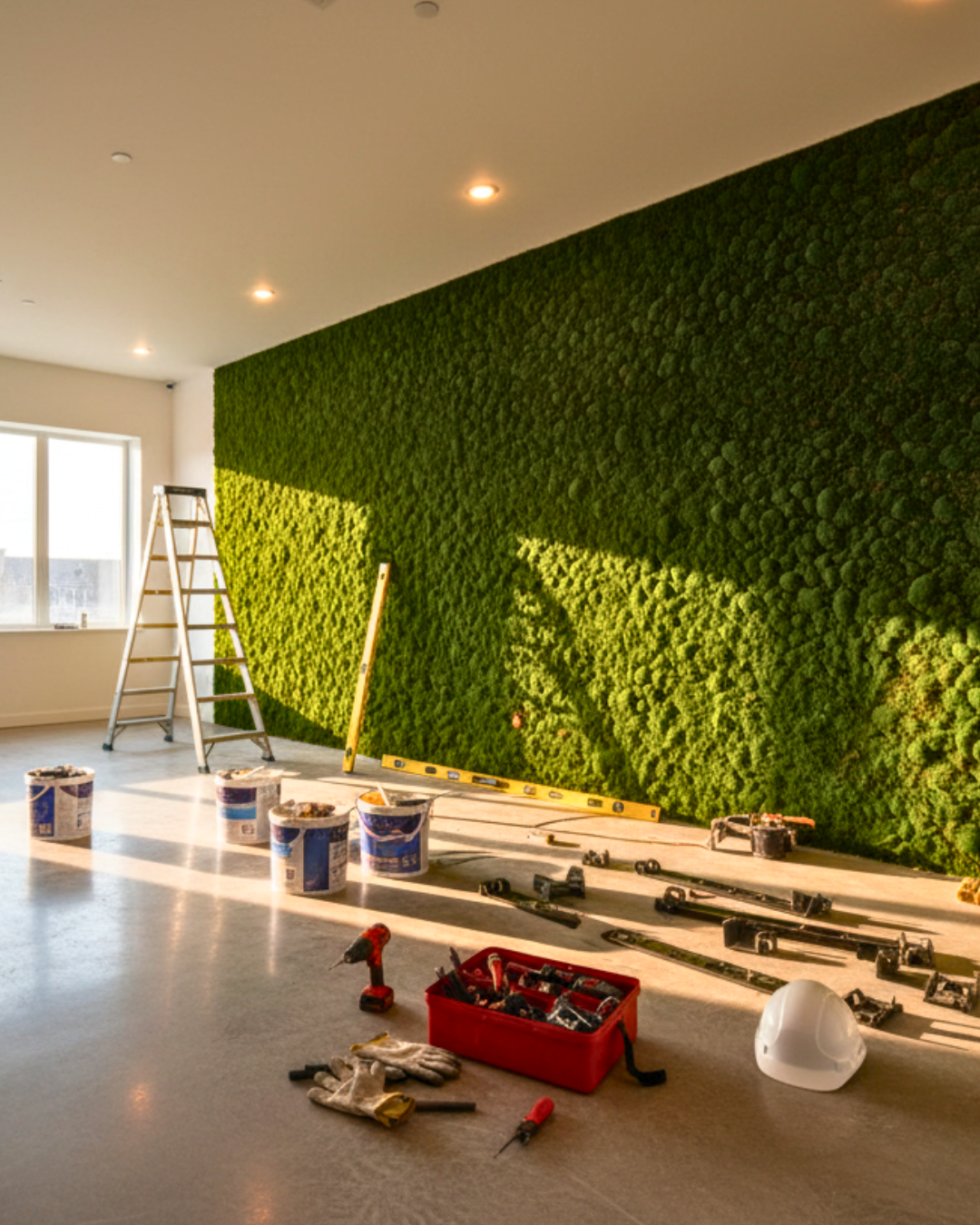 Installing a flat moss wall in an office building | Fleur Reverie