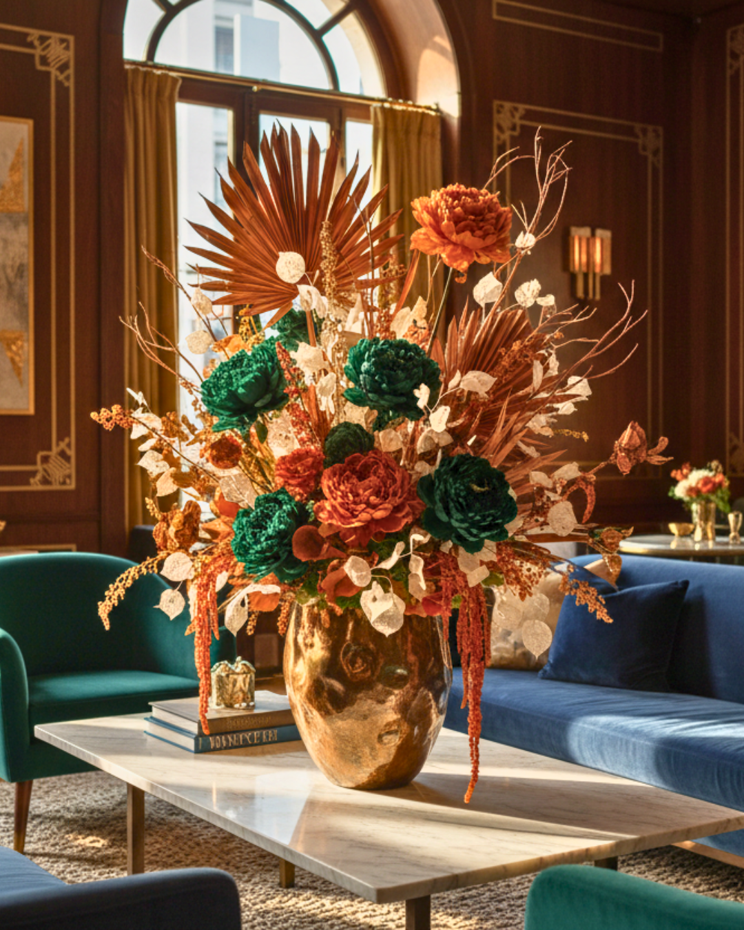 Decorative preserved floral arrangement in a gold vase on a coffee table in a stylish living room | Fleur Reverie | Austin TX