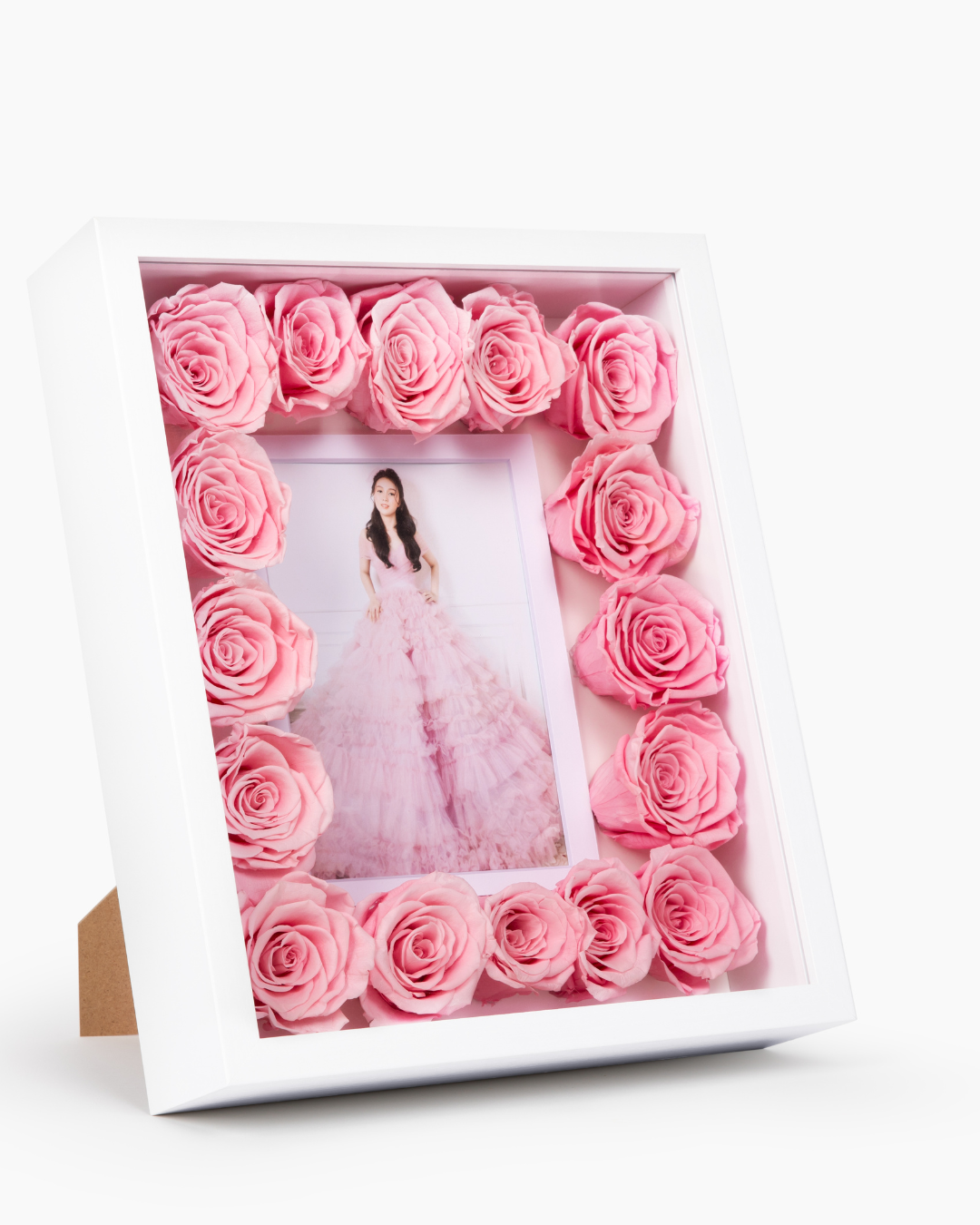 Photo frame with preserved pink roses and a photo of a woman in a pink dress | Fleur Reverie