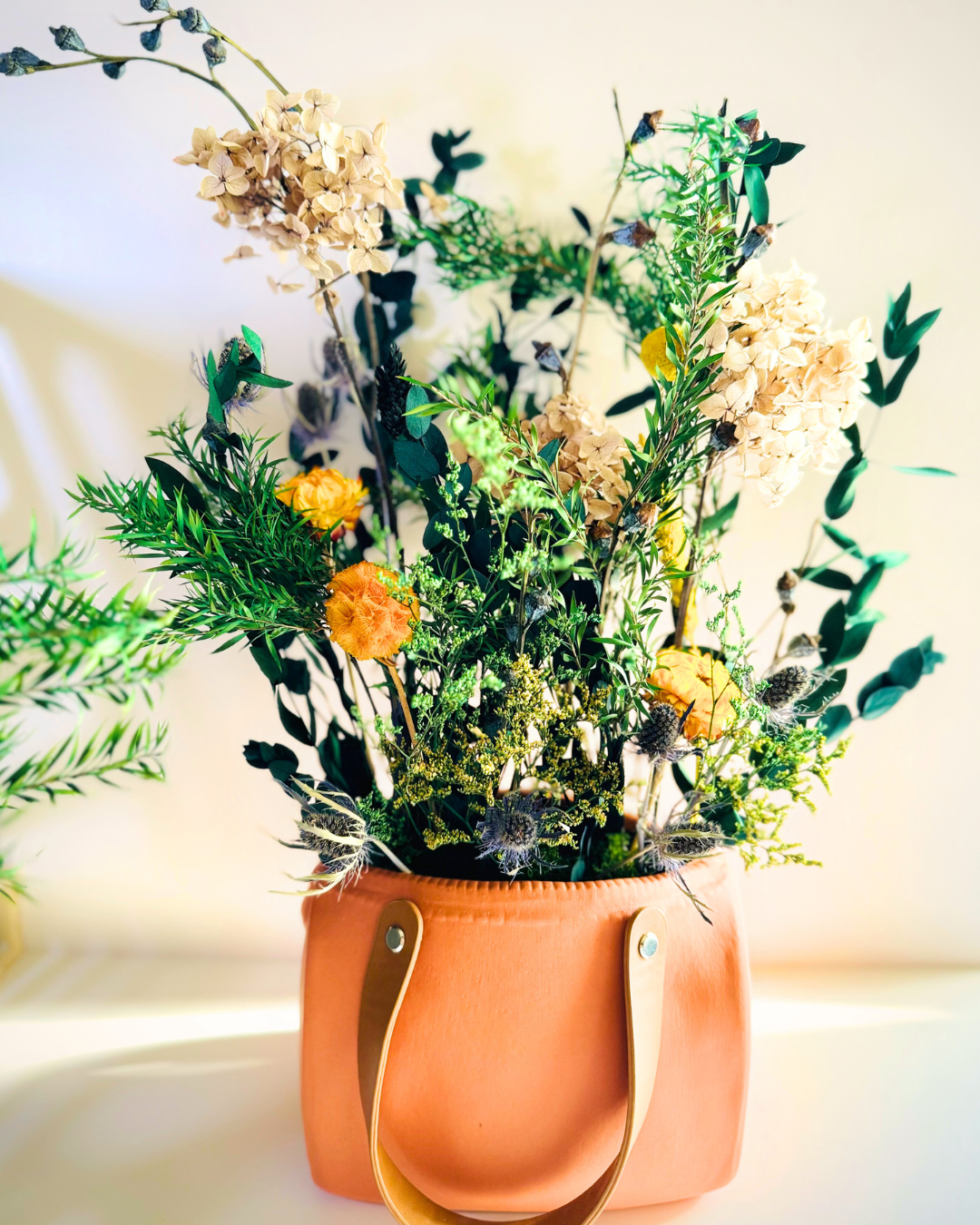 preserved flowers in handbag shaped ceramic vase | Fleur Reverie