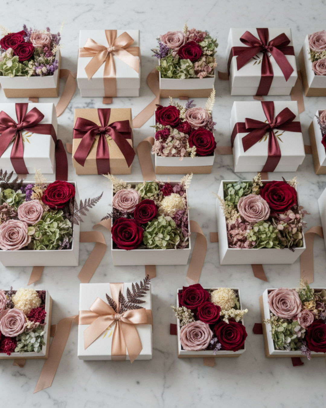 Assorted preserved floral arrangements in small gift boxes with ribbons on a marble surface | Fleur Reverie