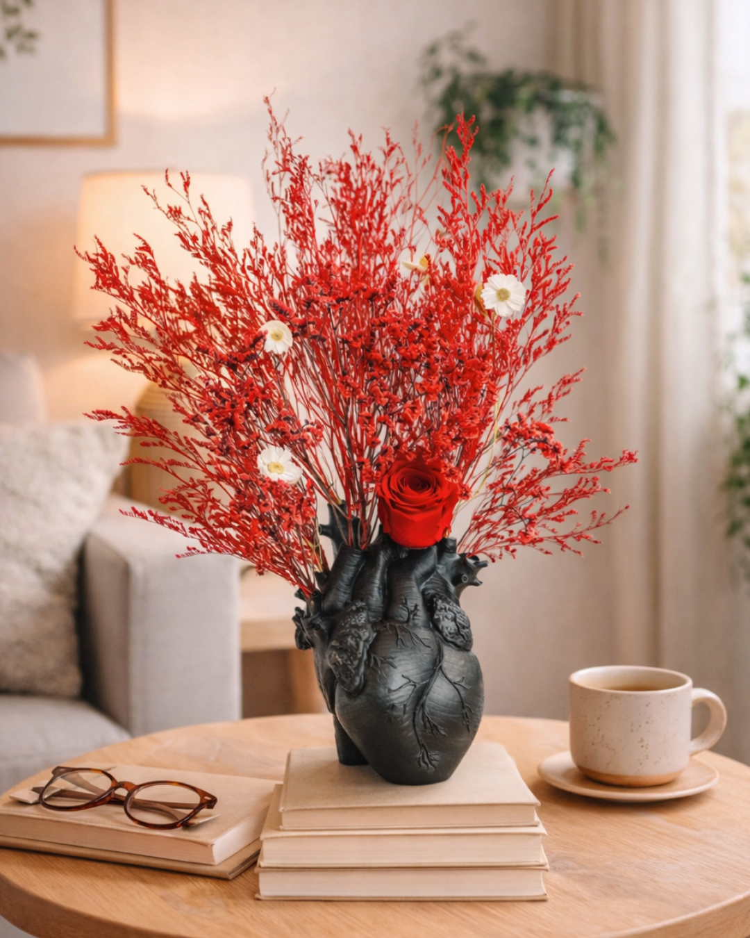 Decorative heart vase with red and white preserved flowers on a table in a living room setting | Fleur Reverie