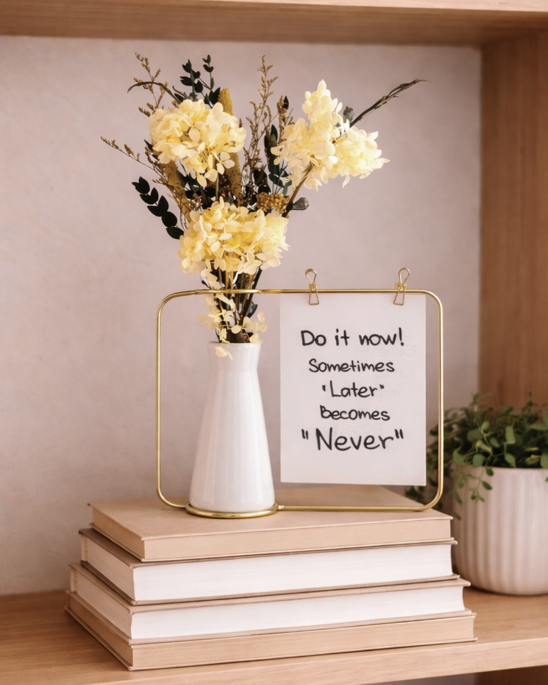 Decorative setup with a vase of yellow preserved flowers, a motivational sign, and books on a wooden surface.| Fleur Reverie