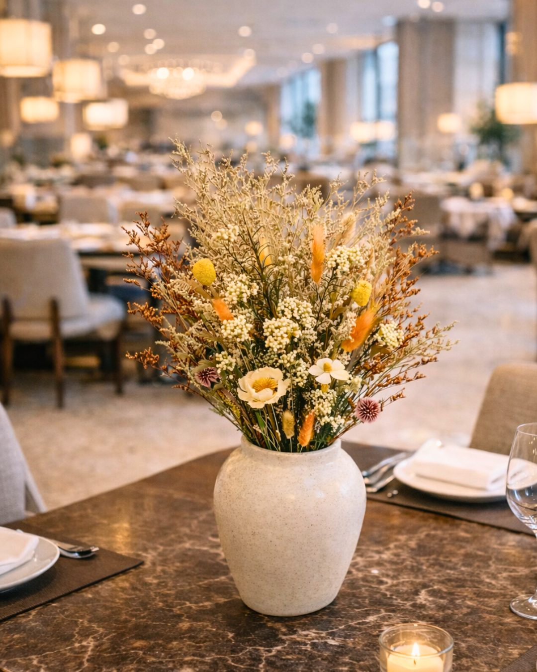 Decorative preserved wild flower arrangement in a vase on a table in a restaurant | Fleur Reverie | Austin TX