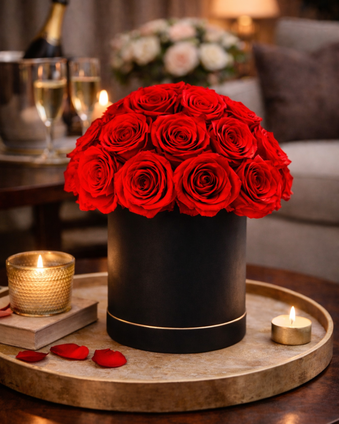 Black box with red preserved roses on a wooden table with candles and books in a cozy room | Fleur Reverie | Austin TX