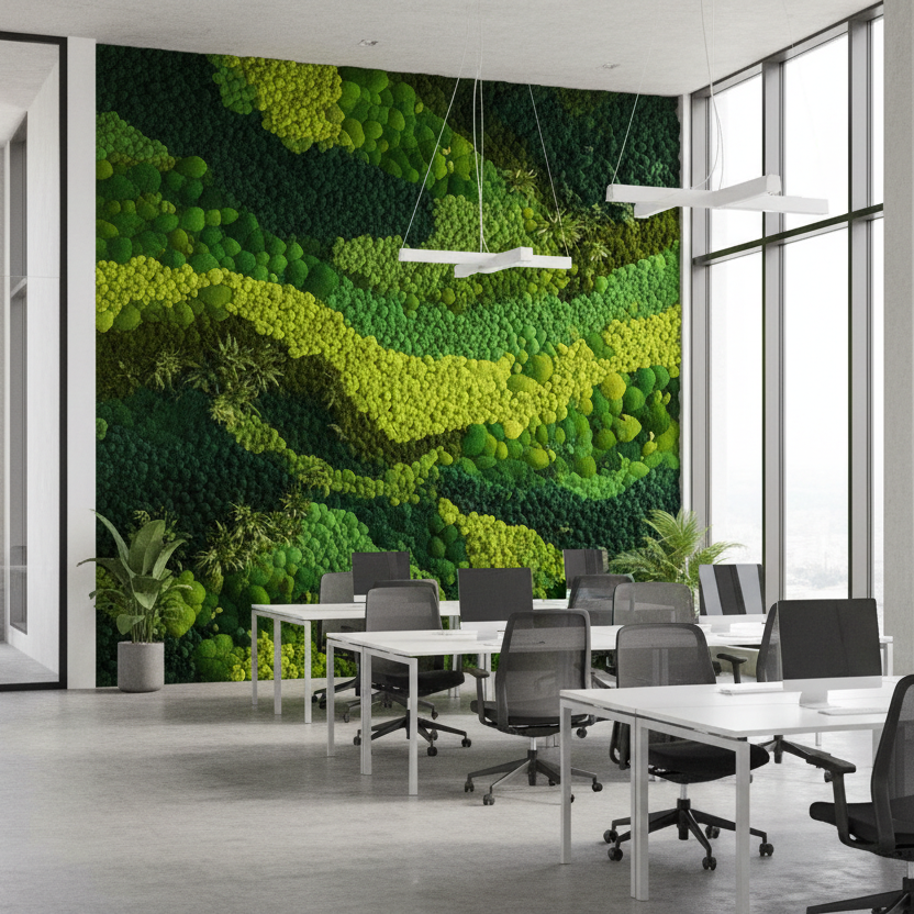 Show an office moss wall art with vibrant color in a large office room
