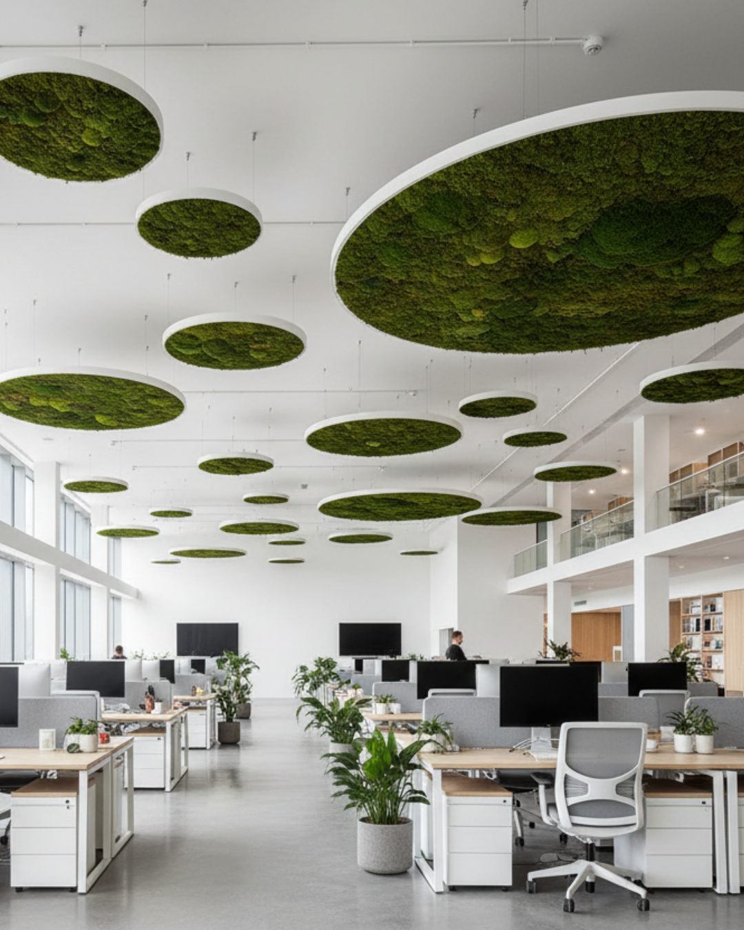Modern office interior with AxioMoss™ circular ceiling features | Fleur Reverie