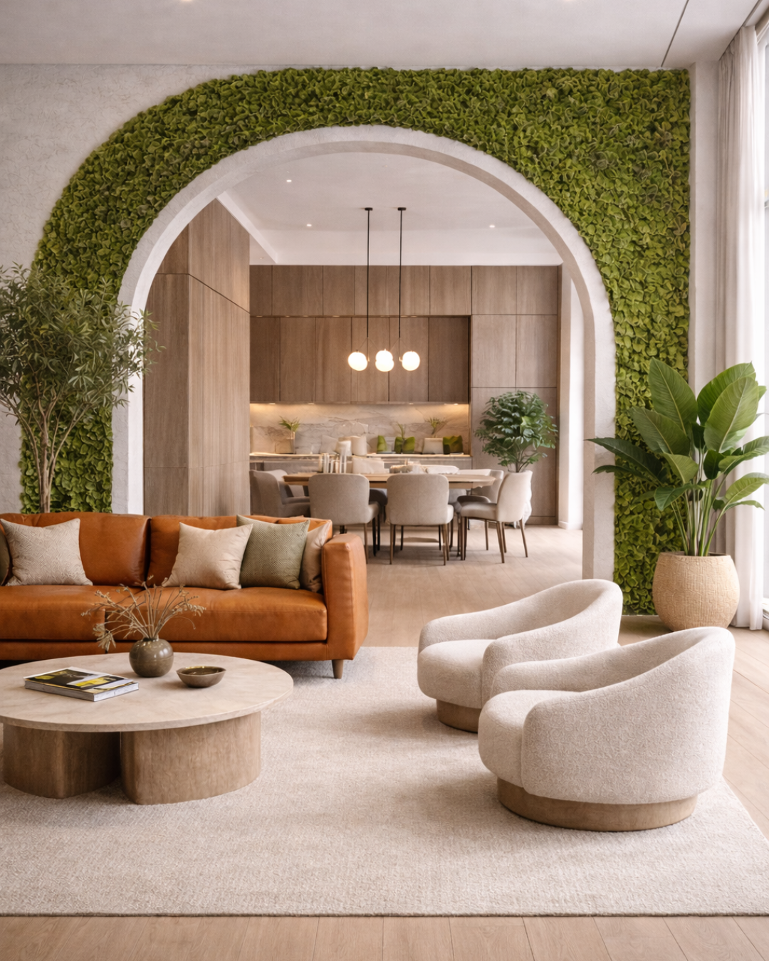 a large hospitality place with cozy lighting and moss on the edge of transition wall | Fleur Reverie