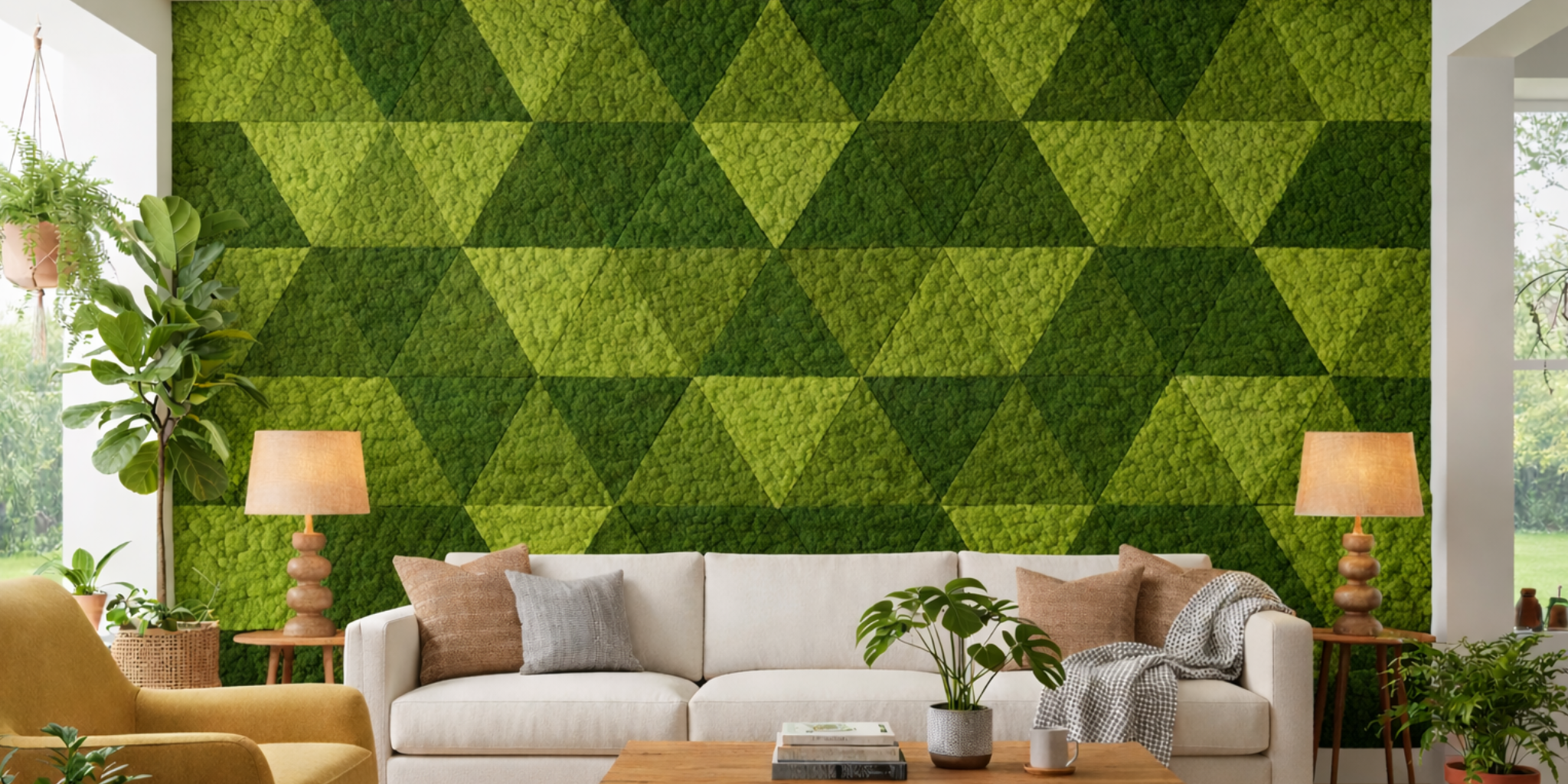 Geometrical preserved moss wall system in a cozy room with couch, chair, and plants next to a large window | Fleur Reverie