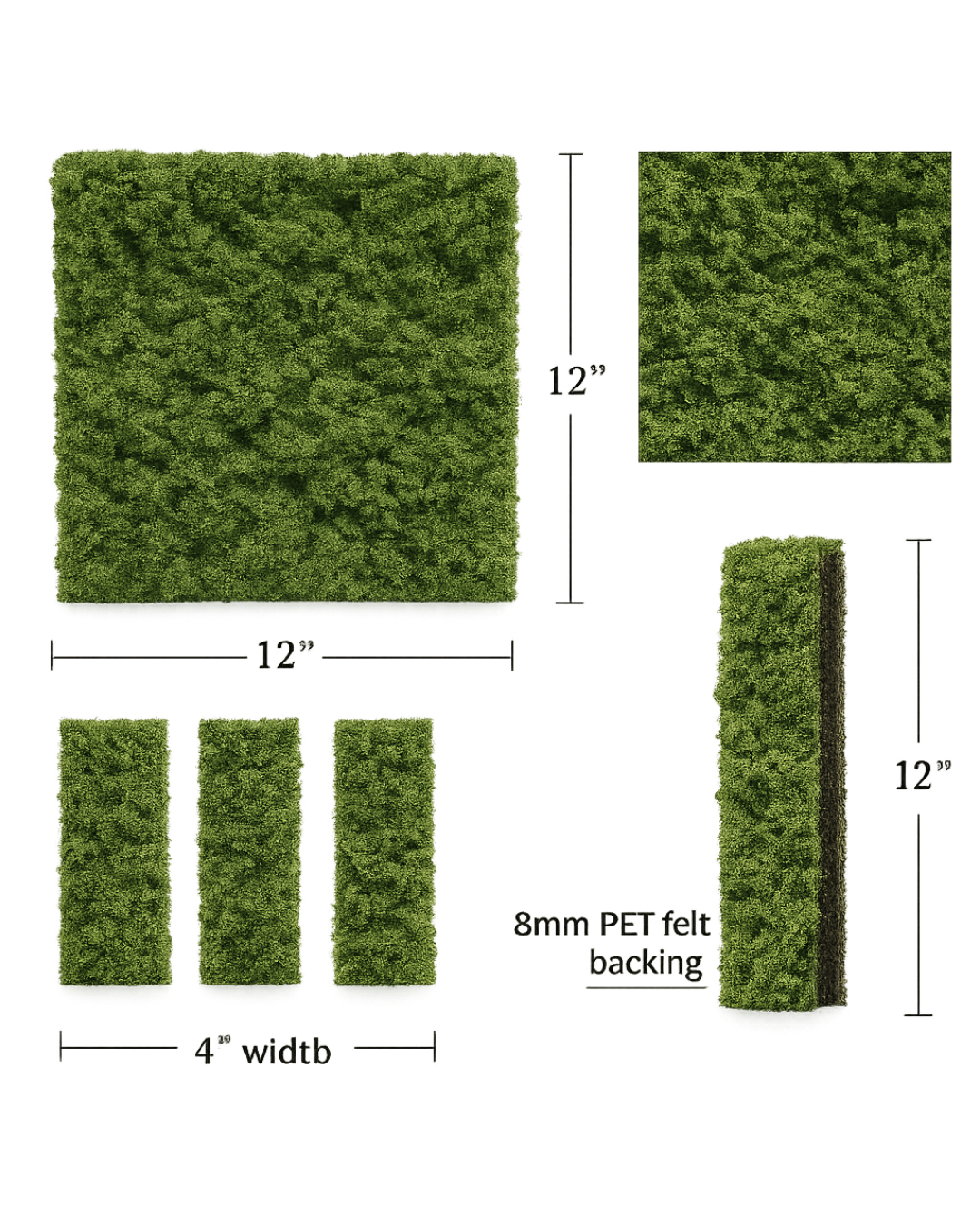 Green moss-like panels with dimensions and PET felt backing details on a white background