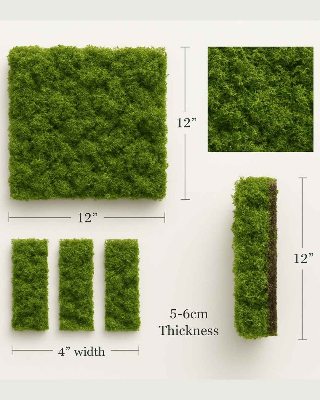 Green moss tiles with dimensions for AxioMoss Modula system | Fleur Reverie