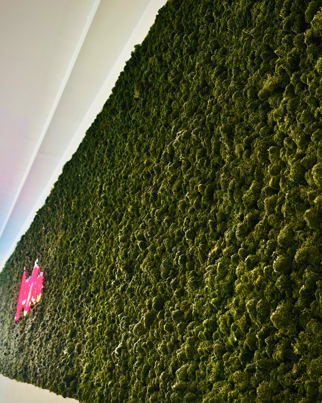 Preserved architectural moss wall with a pink light fixture on a white ceiling | Fleur Reverie
