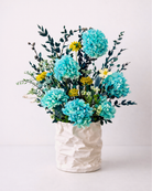 Bouquet of blue and yellow preserved flowers in a white vase | Fleur Reverie | Austin TX