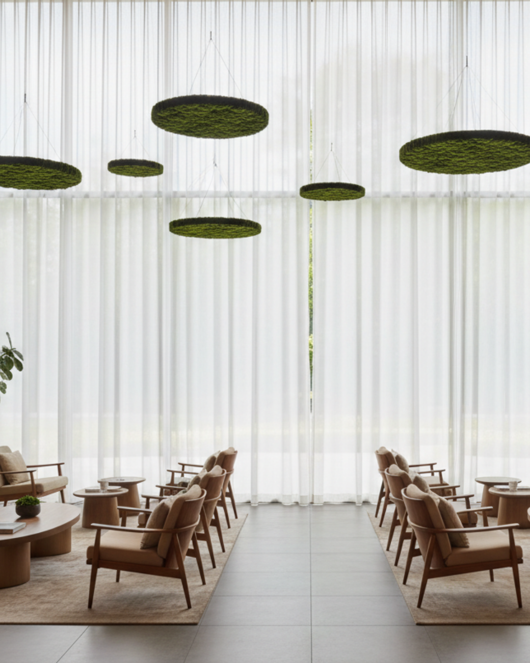 Modern interior with wooden chairs, tables, and hanging green diskmoss circular system for biophilic design element and lights in a bright hospitality room. | Fleur Reverie