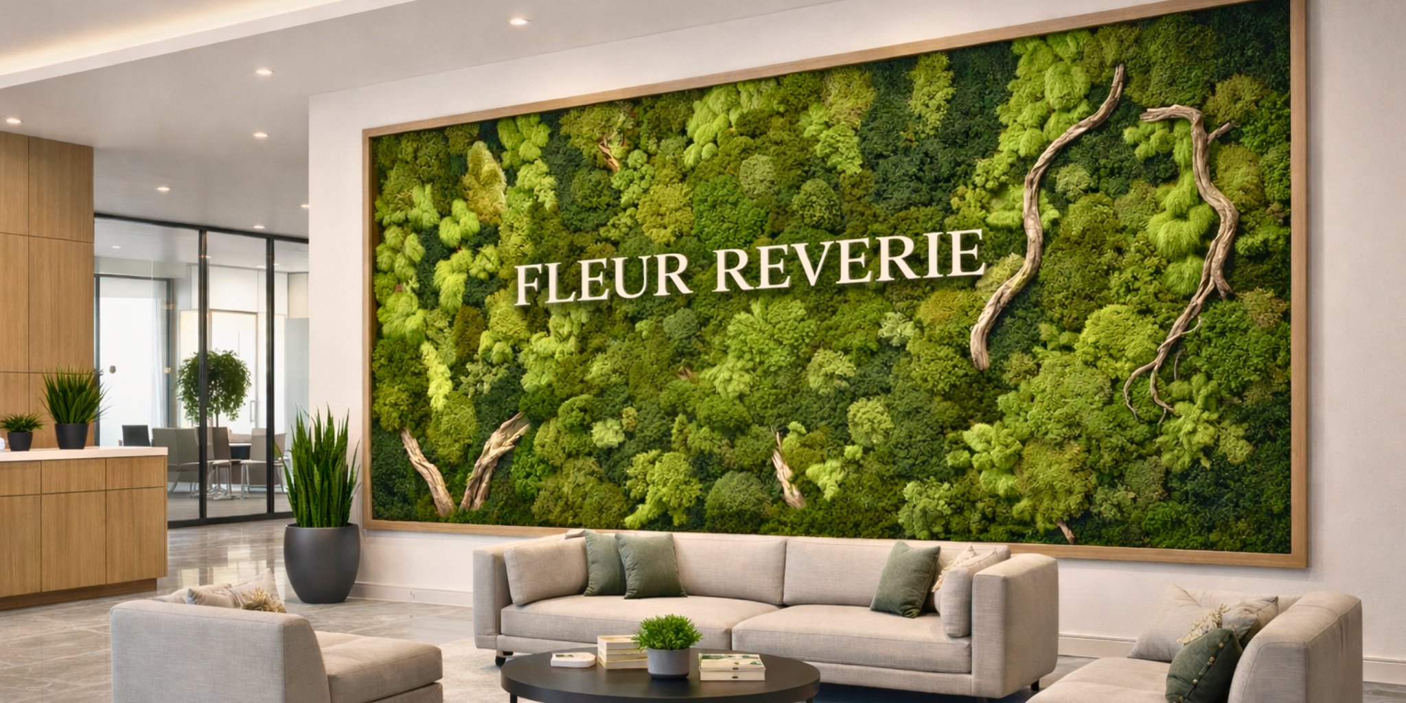 Living room with a large framed moss wall art displaying 'Fleur Reverie'.