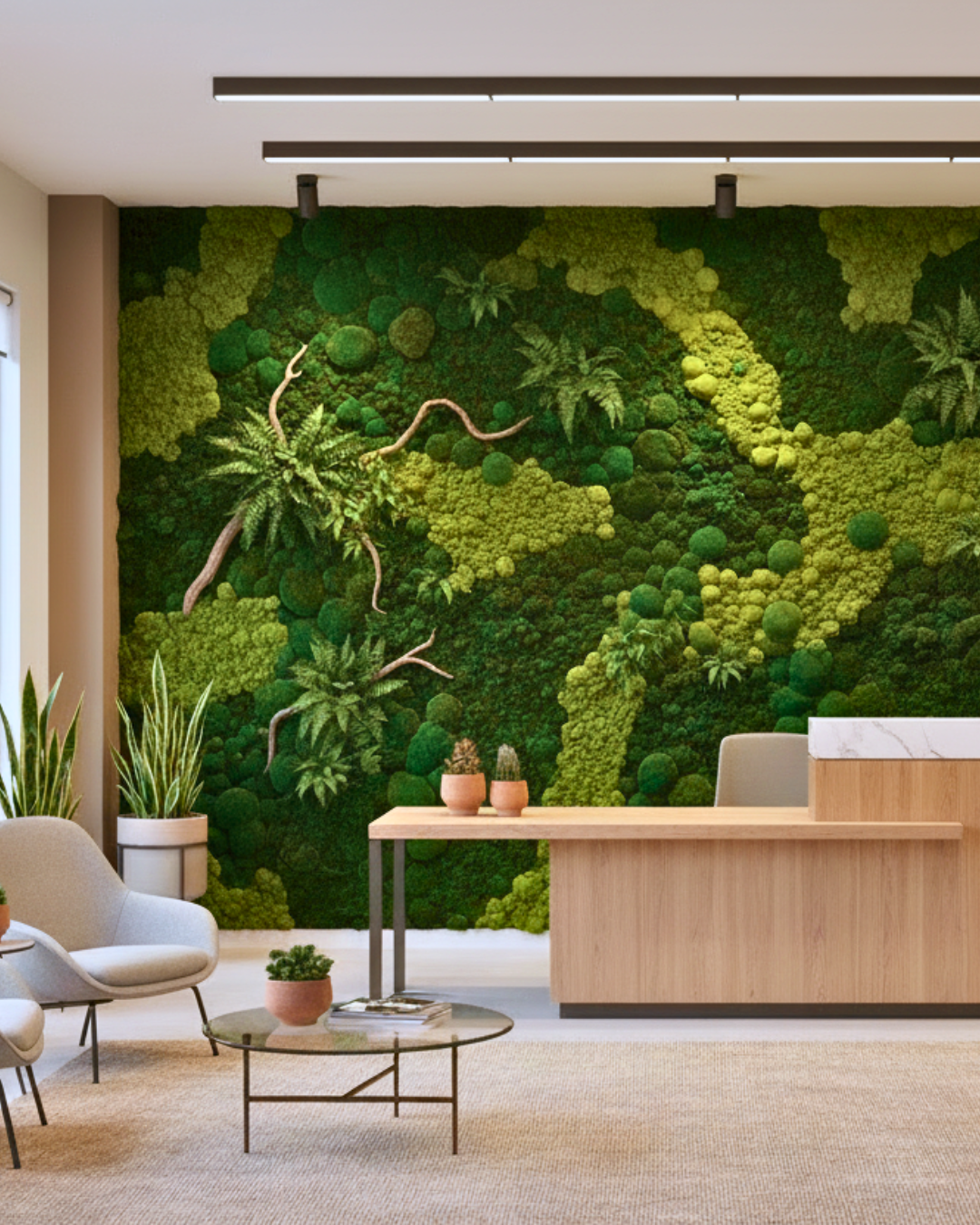 Modern office interior with a green moss wall and reception desk. | Fleur Reverie | Texas USA