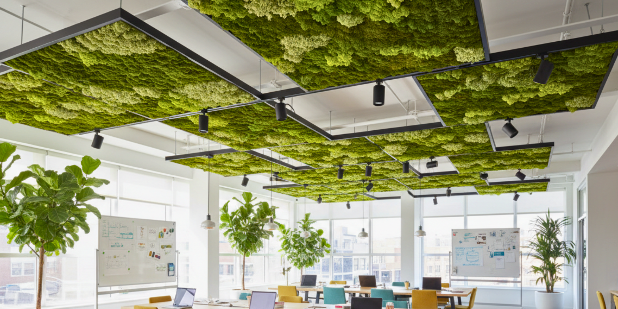 preserved Green moss wall in an office setting with plants and desks | Fleur Reverie