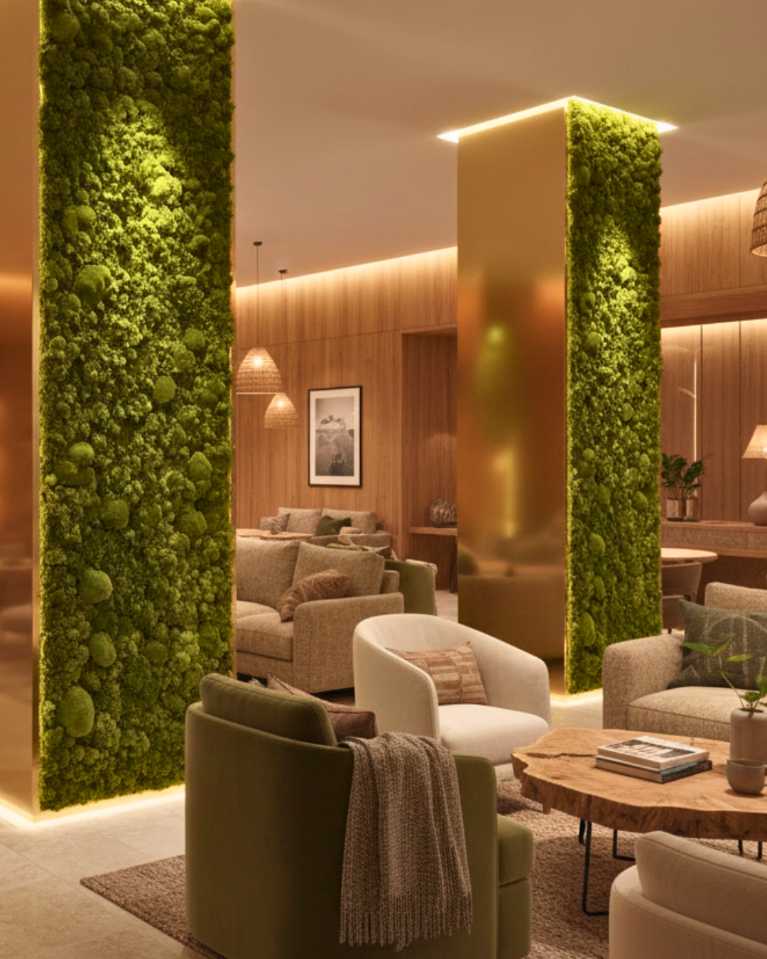 Modern living room with green preserved moss walls and comfortable furniture | Fleur Reverie