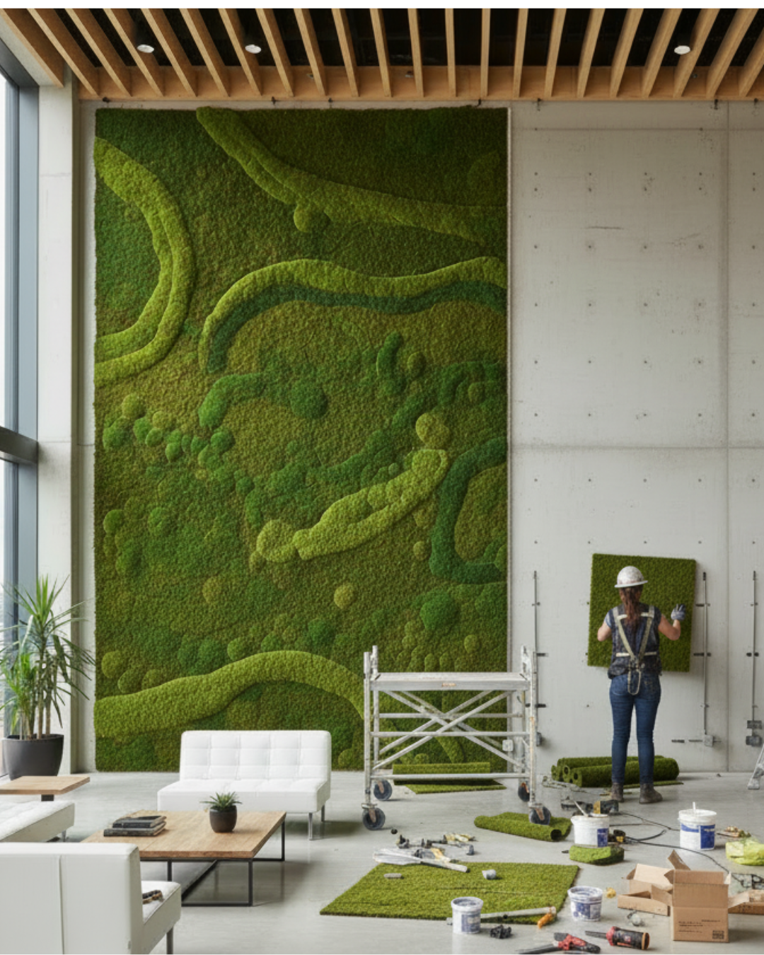 Moss wall installation in a modern indoor setting with a person working on it | Fleur Reverie