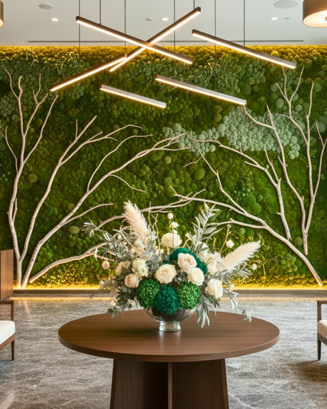 Decorative preserved floral arrangement on a table in front of a living preserved moss wall with greenery and branches.