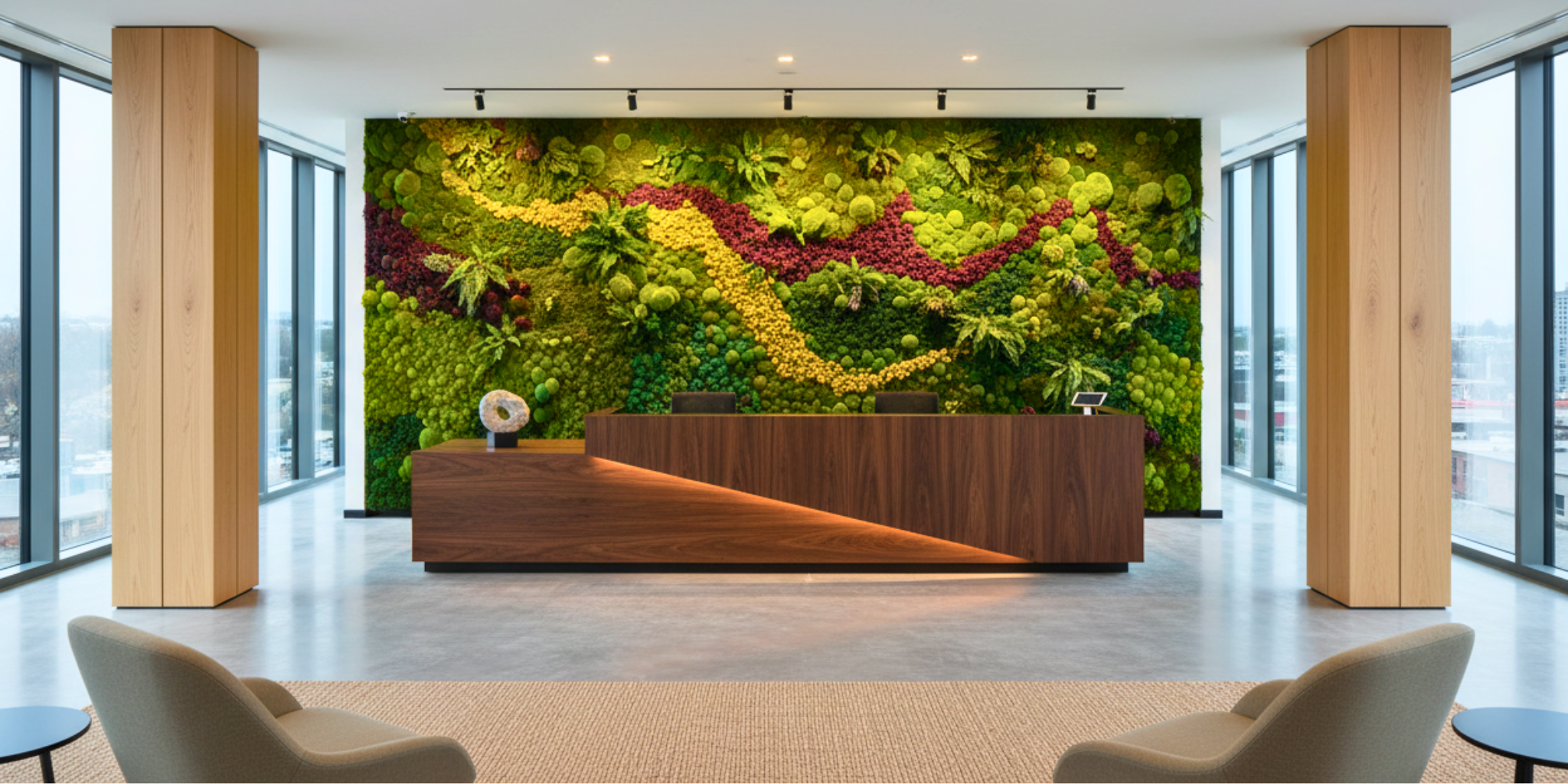 Modern office lobby with a reception desk and green moss wall by fleur reverie
