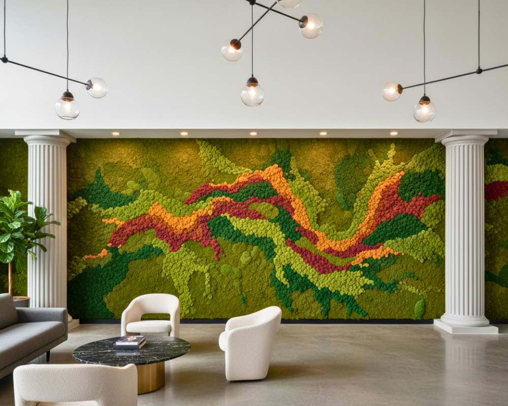 Modern interior with a colorful preserved moss wall art installation in a room with white furniture and plants.| Fleur Reverie