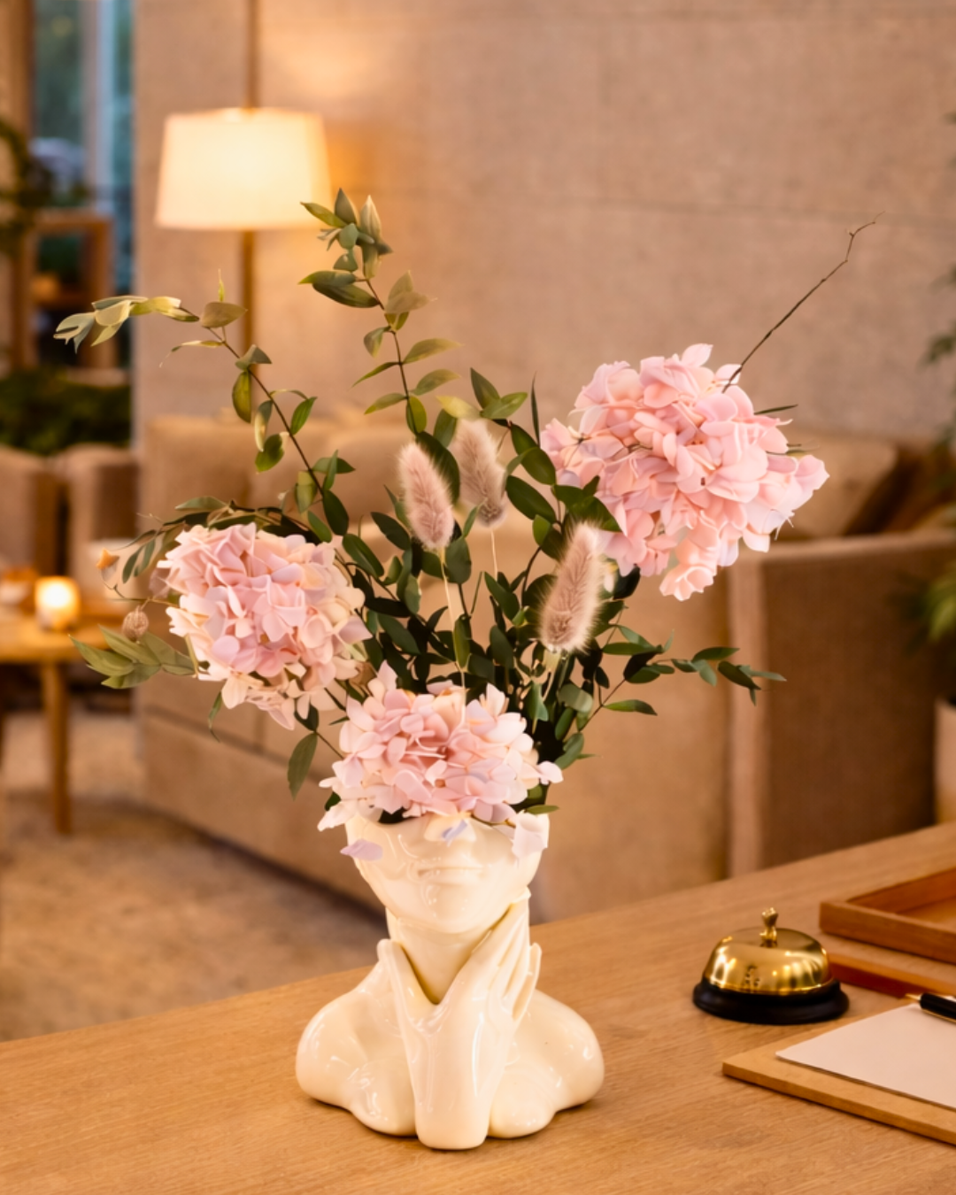 Decorative vase with pink preserved flowers on a wooden table | Fleur Reverie | Austin TX