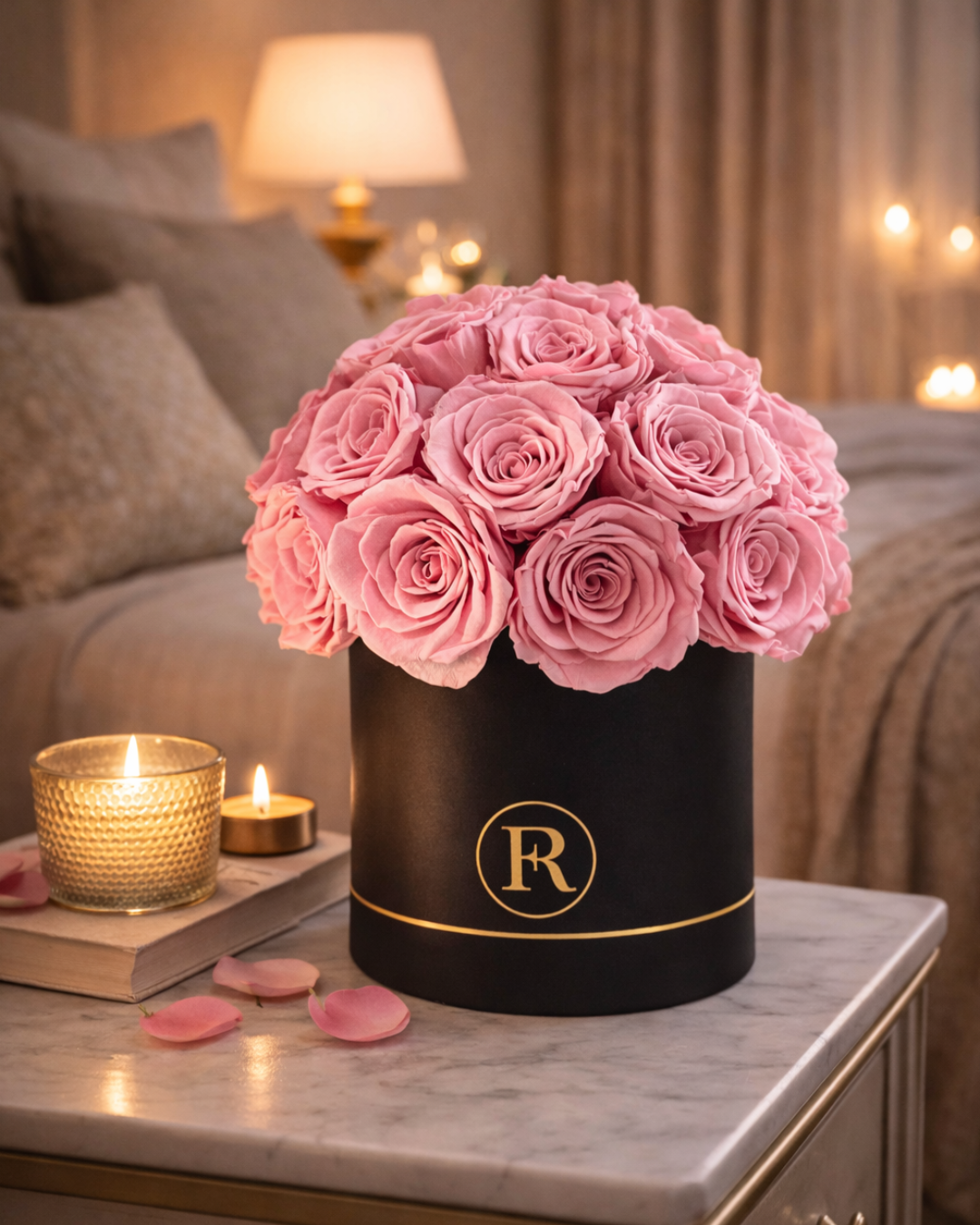 Black box with pink preserved roses on a table in a cozy room| Fleur Reverie | Austin TX