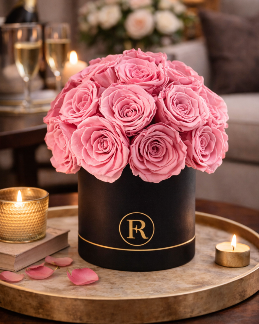 Pink preserved roses in a black box with a gold 'R' on a table with candles and books | Fleur Reverie | Austin TX