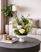 Preserved Floral arrangement on a coffee table in a living room| Fleur Reverie | Austin TX