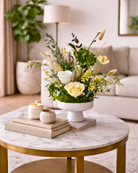 Preserved Floral arrangement on a marble table in a living room | Fleur Reverie | Austin TX