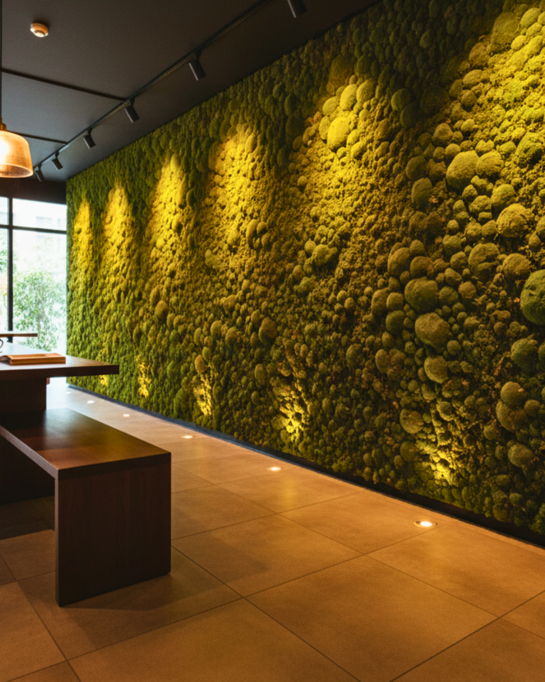 Preserved Reindeer Moss Wall with cozy lightings and a reception furniture | Fleur Reverie