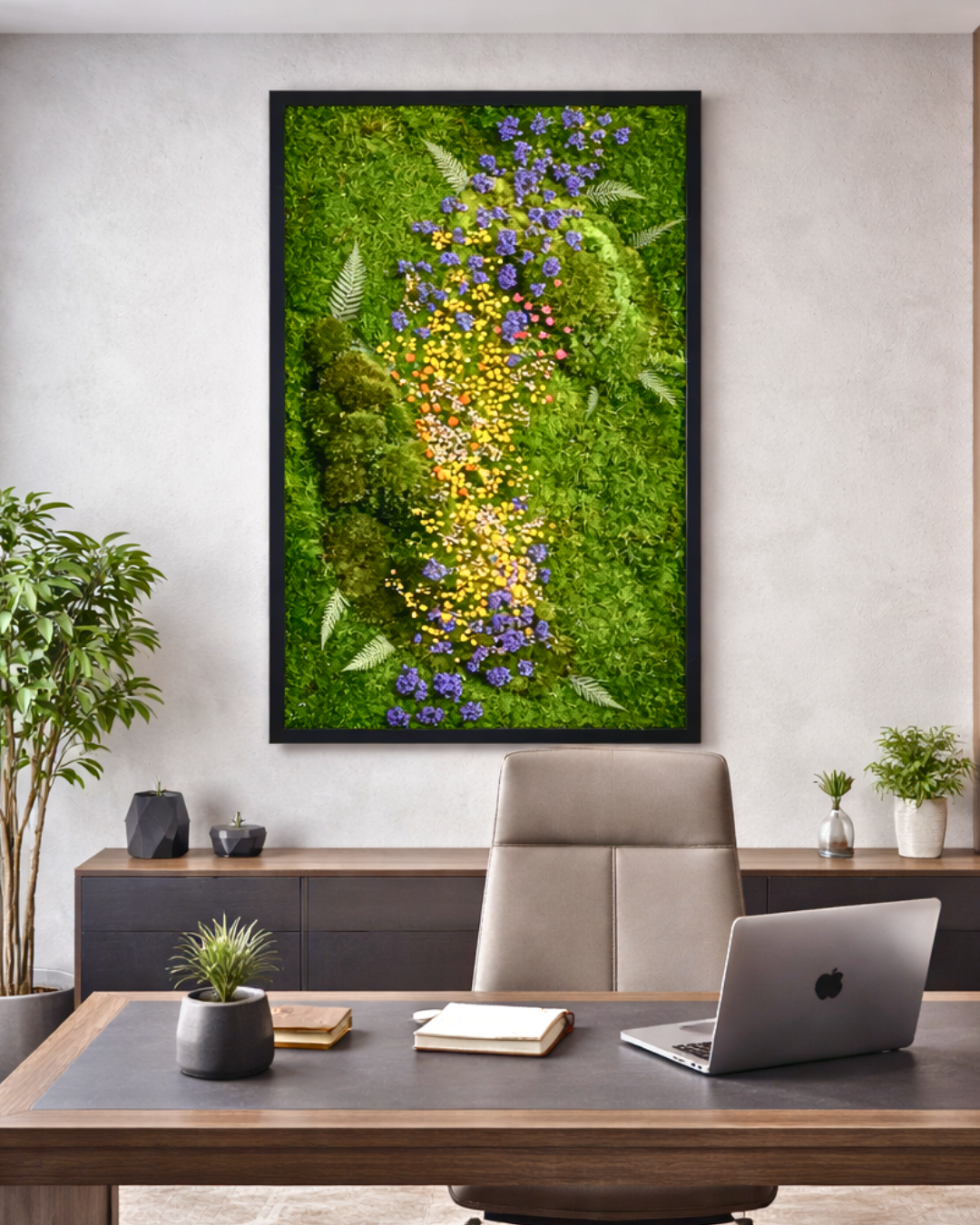 Framed nature-themed preserved moss wall art above a desk with a laptop and plants | Fleur Reverie
