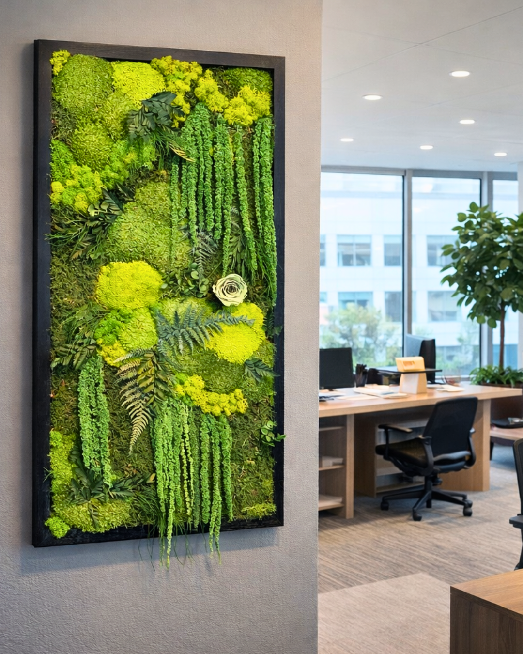 Living preserved moss wall art in an office setting with a desk and chairs | Fleur Reverie